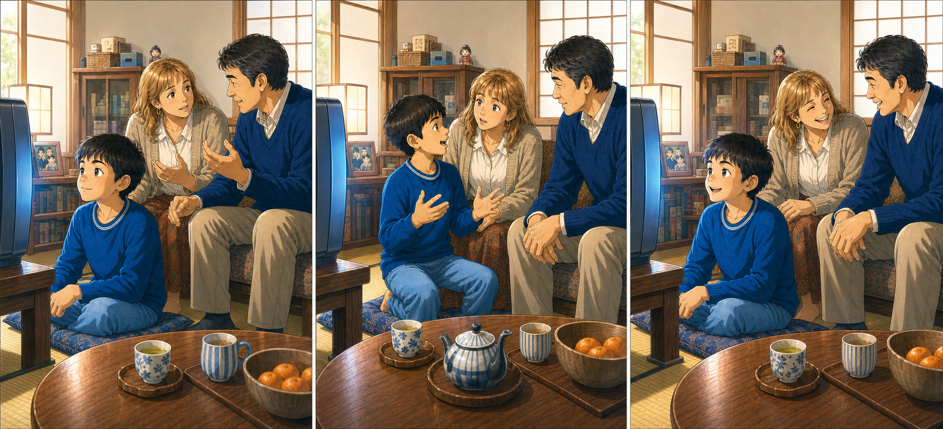 Ilustración de un niño interpretando entre su madre peruana y su padrastro japonés en una casa tradicional de Japón