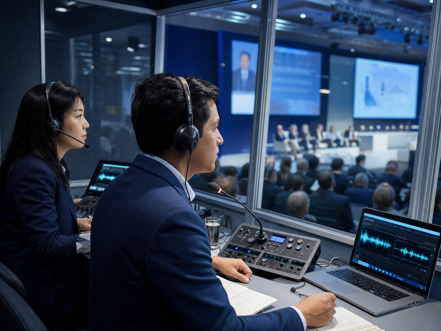 Cabina de interpretación simultánea con equipo profesional